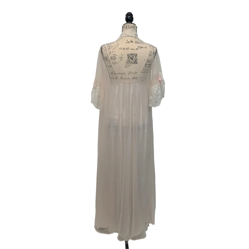 Vintage Val Mode Pink White Peignoir Gown 2 PCS SHEER Nightgown Robe Size Petite